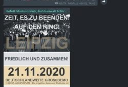 Bewerbung des 21. November 2020 auf dem Telegram-Kanal von "Querdenken"-Anwalt Markus Haintz. Screen Telegram Kanal Markus Haintz