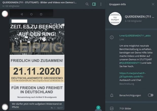 Bewerbung des 21.11.2020 bei Telegram vom offiziellen "Querdenken Stuttgart 711"-Chatkanal. Screen Telegram "Querdenken 711"