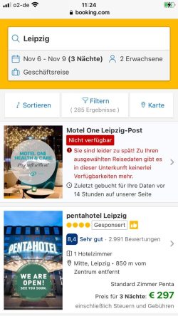 Am heutigen Montag gabs bei Booking.com keine Zimmer im Motel One Post mehr. Screen Booking.con, eigene Anfrage