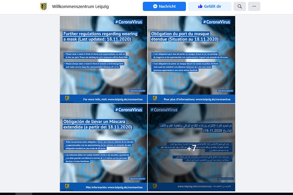 Das Leipziger Willkommenszentrum übersetzt die Corona-Verordnungen in zahlreiche Sprachen und erhält dafür großen Zuspruch. Foto: Screenshot/Facebook