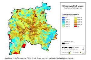 Temperaturen im Stadtgebiet in einer normalen Sommernacht. Karte: Stadt Leipzig, Stadtklimaanalyse
