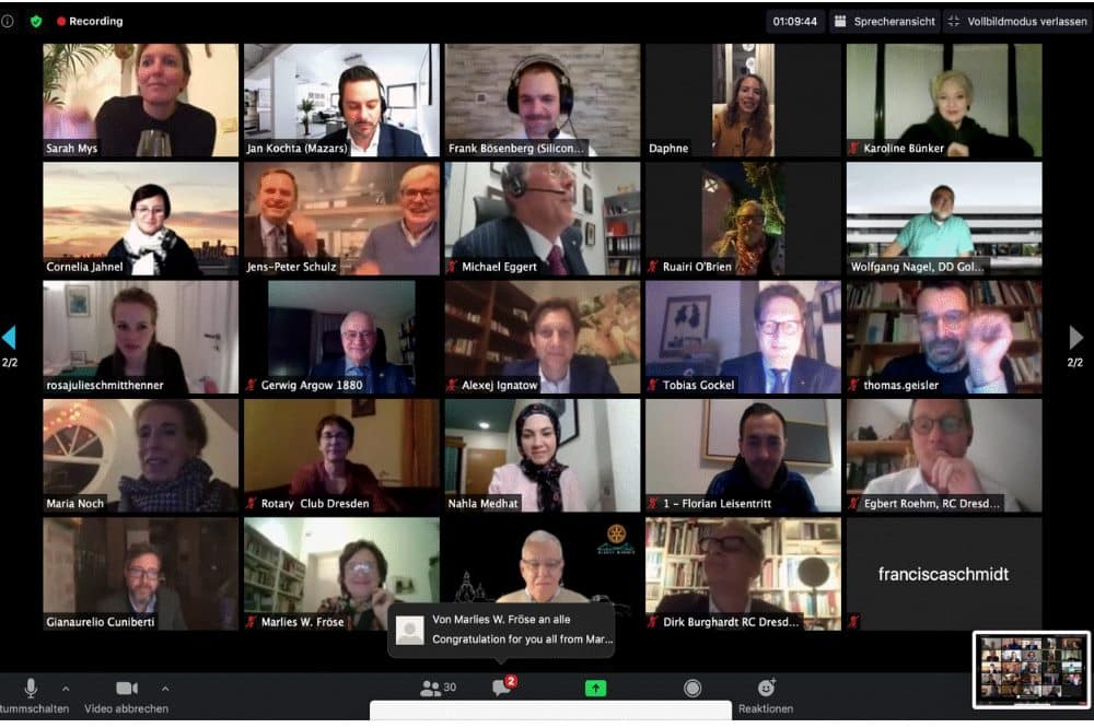 Charter via ZoomCall 2 mit den anderen Mitgliedern und den Präsidenten der anderen Rotary Clubs in Dresden und Förderern. Quelle: Rotary Club Dresden