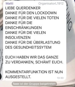 Ein Abschiedsgruß vom Admin der Fake-Gruppe "Leipzig 1912 Chat". Screen Telegram