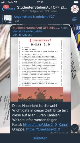 Verteilung des Aufrufes bei "Studentenstehenauf" Deutschland. Screen Telegram
