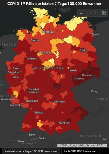 COVID-19-Fälle auf 100.000 Einwohner in den vergangenen sieben Tag, Stand 3. 12. 2020. Karte: Robert-Koch-Institut