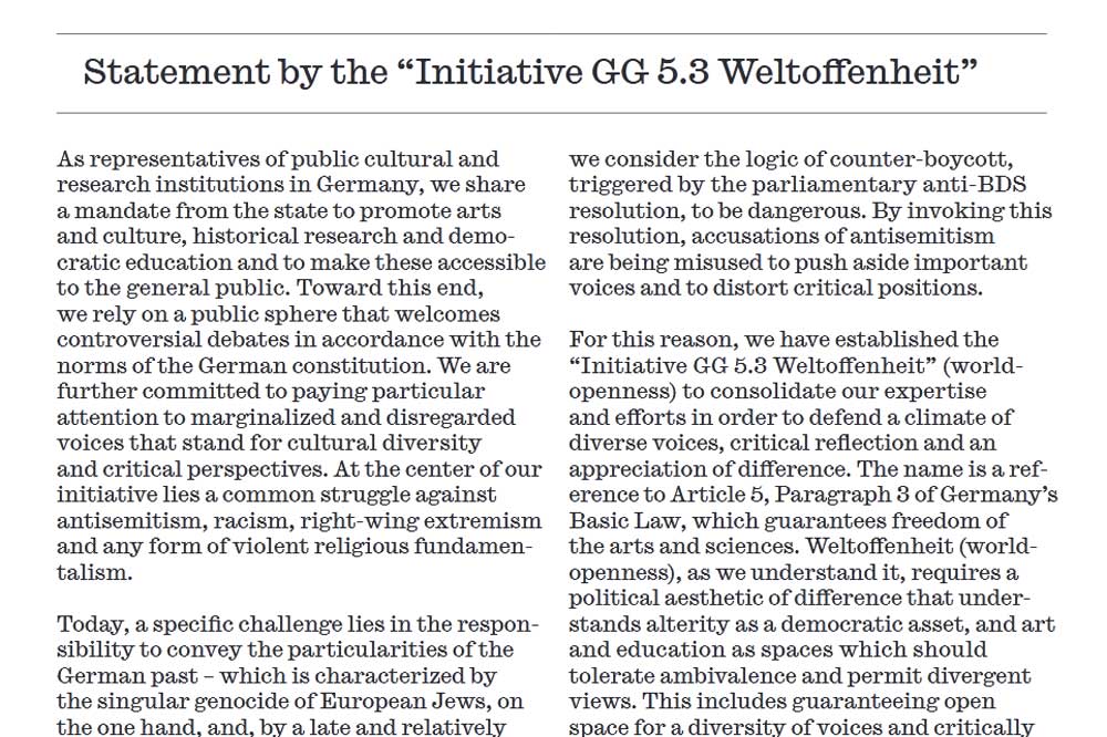 Das Plädoyer der „Initiative GG 5.3 Weltoffenheit“ auf englisch.