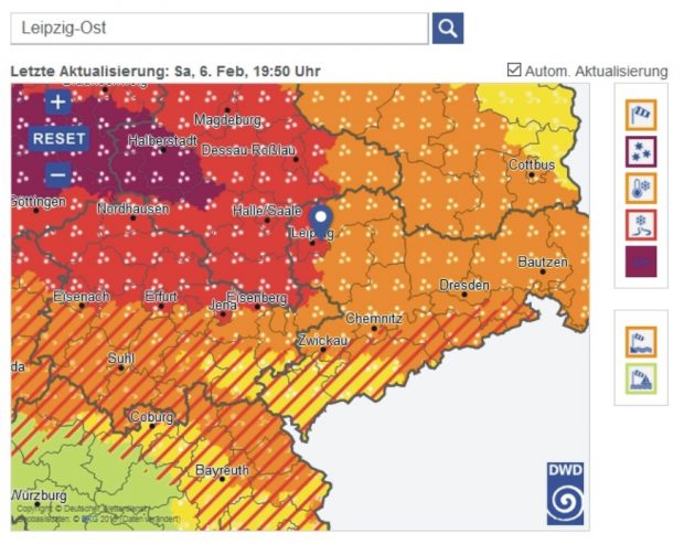Von links oben kommt das Unheil nach Leipzig. DWD-Karte vom 6. Februar 2021, 19:50 Uhr. Screen dwd.de