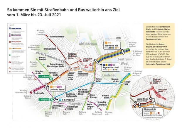 Geplante Umleitungen vom 1. März bis 23. Juli 2021. Grafik: Leipziger Gruppe