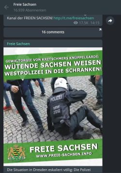 Wenn "Freie Sachsen" Gewalt gegen Polizeibeamte rechtfertigt. Screen: Telegram-Kanal "Freie Sachsen"