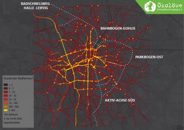 Die Heatmap mit den gestrichelt eingezeichneten geplanten neiuen Radverbindungen. Grafik: Ökolöwe