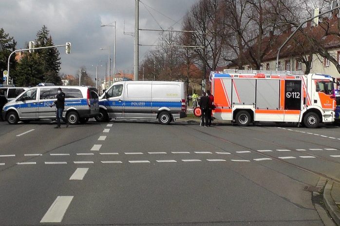 Die Unfallstelle an der Prager Straße am 16. März 2021. Foto: LZ, Sabine Eicker