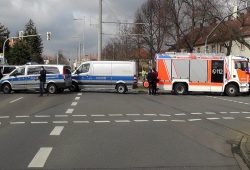 Die Unfallstelle an der Prager Straße am 16. März 2021, kurz vor 12 Uhr. Foto: LZ, Sabine Eicker