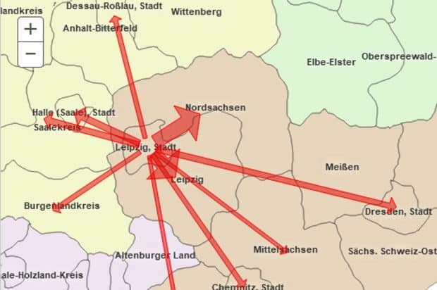 Auspendler aus Leipzig, Stand Juni 2020. Grafik: Bundeagentur für Arbeit, Pendleratlas