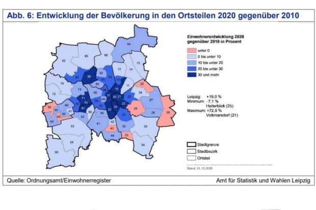 Bevölkerungsentwicklung in den Ortsteilen von 2010 bis 2020. Grafik: Stadt Leipzig / Quartalsbericht 4/2020