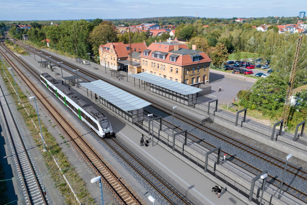 Visualisierung Bahnhof Borna. Drohnenfoto: DB/Vectorvision
