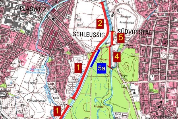 Der Abschnitt 5a auf der Karte ist der entwidmete nördliche Ratsholzdeich. Aus Sicht der Stadt könnte der Deich hier komplett zurückgebaut werden. Karte: Stadt Leipzig