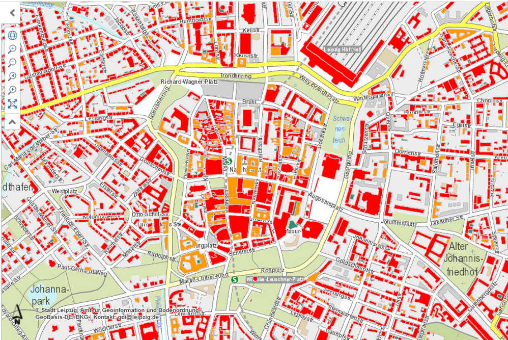 Solardachkataster der Stadt Leipzig: Alle dunkelroten Flächen sind gut geeignet für Solaranlagen. Karte: Stadt Leipzig