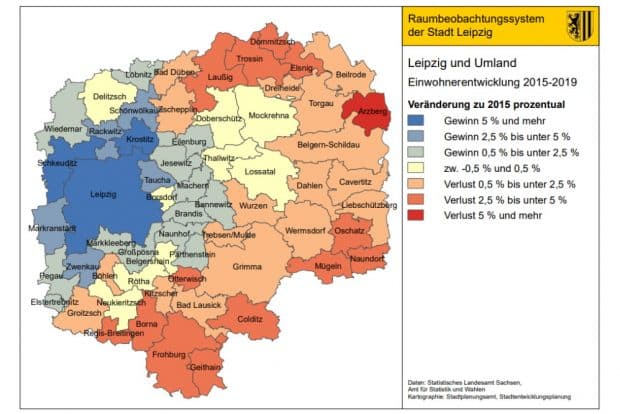 Suburbanisierung in vollem Gang: Wachstum und Schrumpfung in der Region Leipzig. Karte. Stadt Leipzig