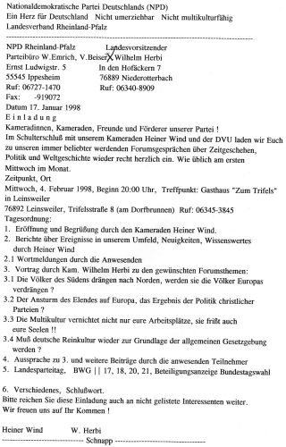 Eine Einladung zum NPD/DVU-Abend aus dem Jahr 1998. Quelle: Vereinigung der Verfolgten des Naziregimes - Bund der Antifaschistinnen und Antifaschisten (VVN-BdA)