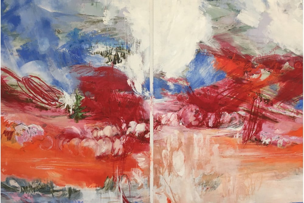 Yvette Kießling: Elbwiese, Labská louka, Frei, 2021, Druck auf mattem Karton, aufkaschiert auf Aludibond, Übermalung mit Öl, je 164 x 120 cm (Diptychon). Foto: NeuDeli