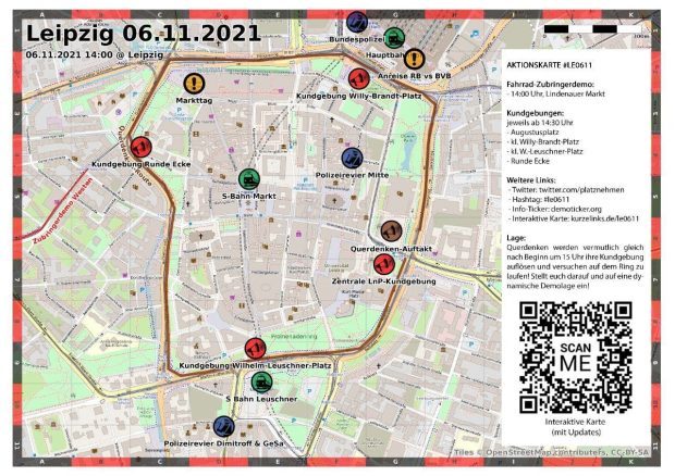 Die Standorte der gegendemonstrationen am 6. November 2021 in leipzig. Quelle: Leipzig nimmt Platz