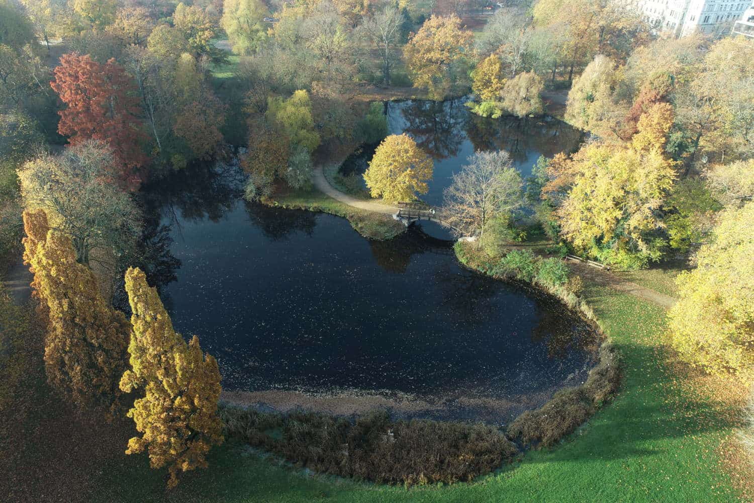 Drohnenaufnahme des Teichs im Johannapark. Foto: Stadt Leipzig