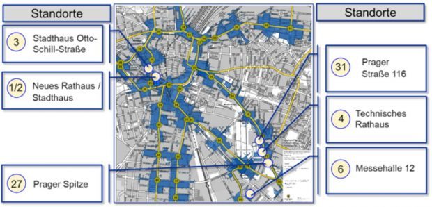 Die favorisierten Standorte für die Verwaltungsunterbringung. Grafik: Stadt Leipzig