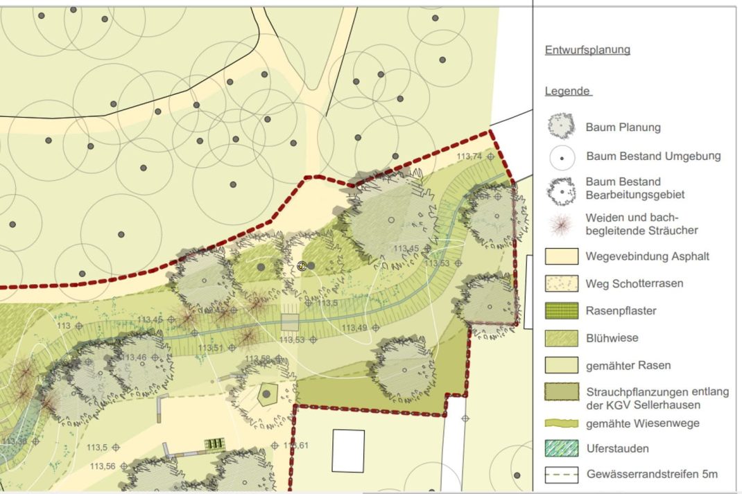 Entwurfsplan mit Legende zur Rietzschke-Aue: Die Hauptwege solltenm alle asphaltiert werden. Karte: Stadt Leipzg