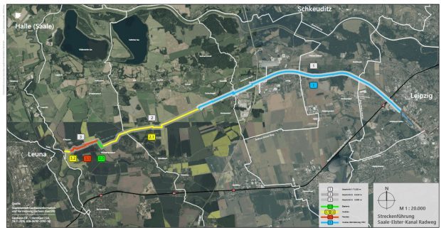 Die geplanten Bauabschnitte für den Radweg am Elster-Saale-Kanal. Karte: Stadt Leipzig
