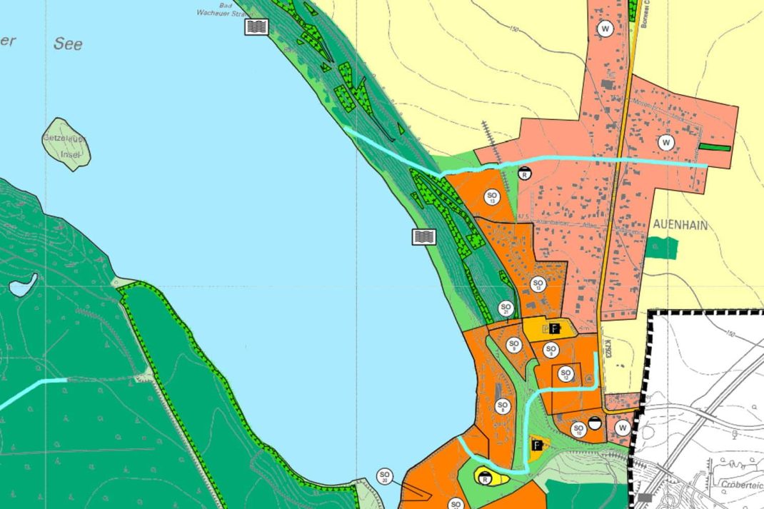 Die Vergrößerung der Sondernutzungsfläche 13 (Ferienhäuser) bei Auenhain in neuen FNP. Karten: Entwurf FNP, Stadt Markkleeberg