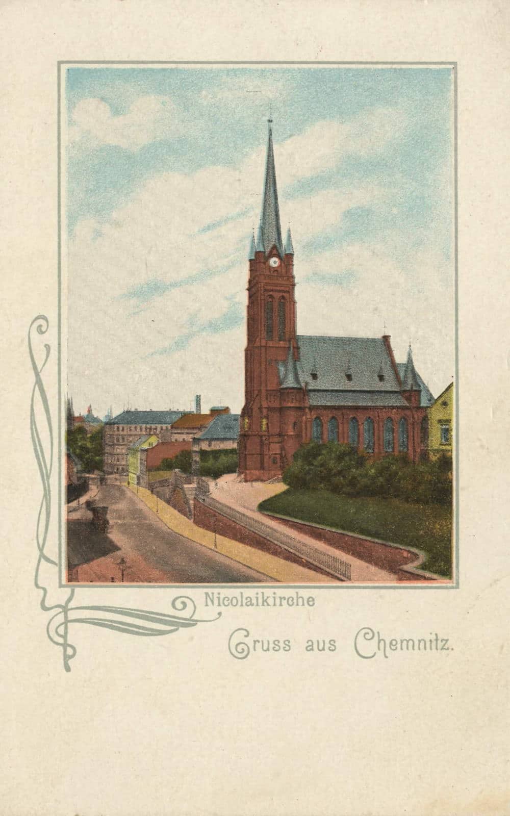 Die Kirche um 1900 (Ansichtskarte um 1900, gemeinfrei). Quelle: https://commons.wikimedia.org/wiki/File:Chemnitz,_Sachsen_-_Nikolaikirche_(Zeno_Ansichtskarten).jpg