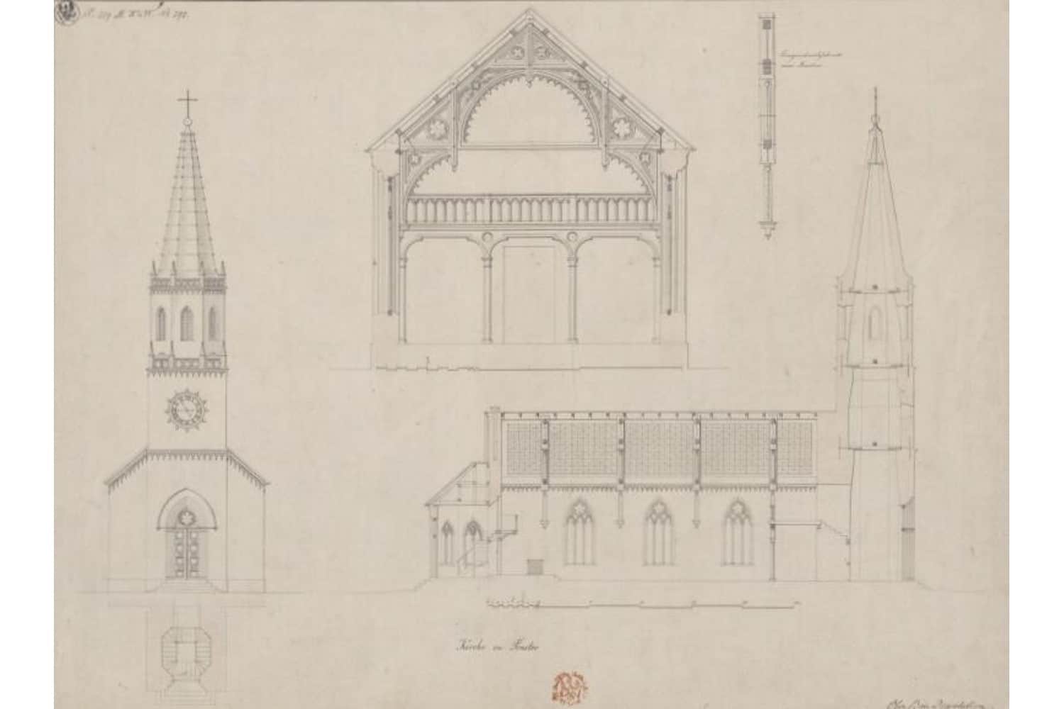 Entwurf für die Kirche Prester von Karl Friedrich Schinkel aus dem Jahr 1831. Quelle: https://commons.wikimedia.org/w/index.php?curid=112055144