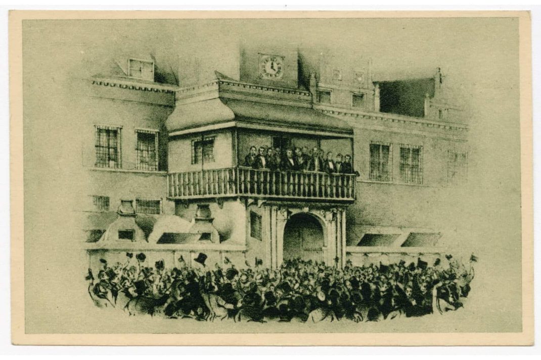 Robert Blums Rede auf dem Balkon des Alten Rathauses am 3. März 1848. Foto: Stadtgeschichtliches Museum Leipzig