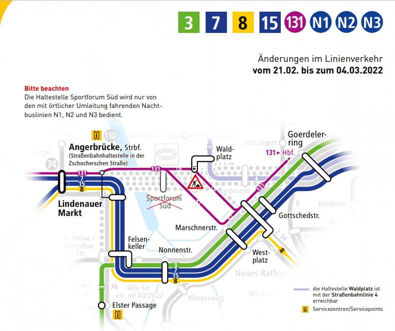 Umleitungen der Straßenbahn rund um die Waldplatzbaustelle. Grafik: LVB