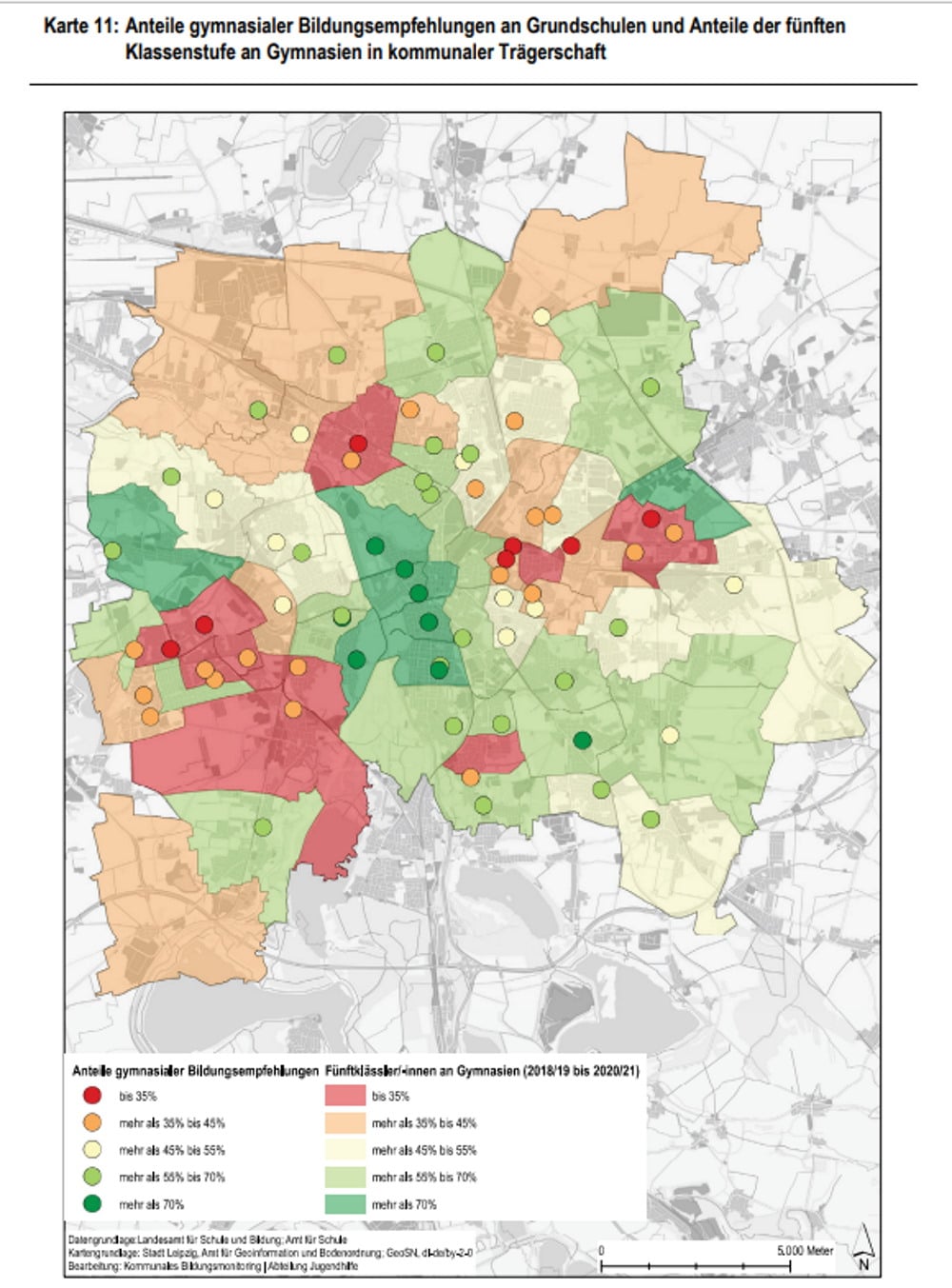 Gravierende Unterschiede bei der Bildungsempfehlung aufgrund des Wohnortes. Karte: Stadt Leipzig / Bildungsreport 2021