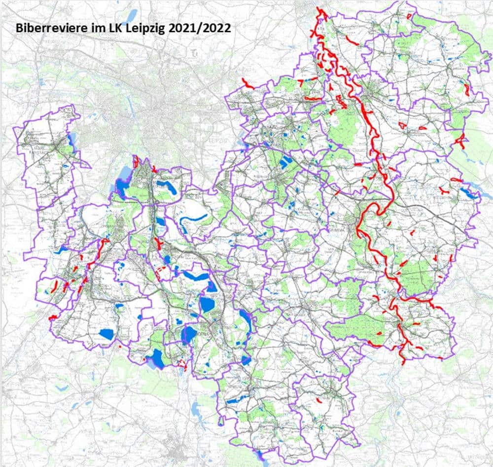 Die aufgefundenen Biberreviere im Landkreis Leipzig. Karte: Landkreis Leipzig