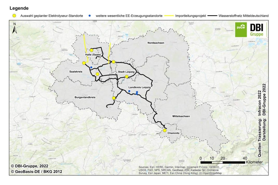 Mögliches Wasserstoffnetz mit Elektrolyse-Standorten. Grafik: Metropolregion Mitteldeutschland