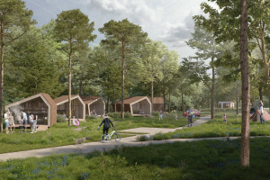 Visualisierung der Tiny-Häuser auf dem künftigen Campinplatz am Störmthaler See. Quelle: SEB