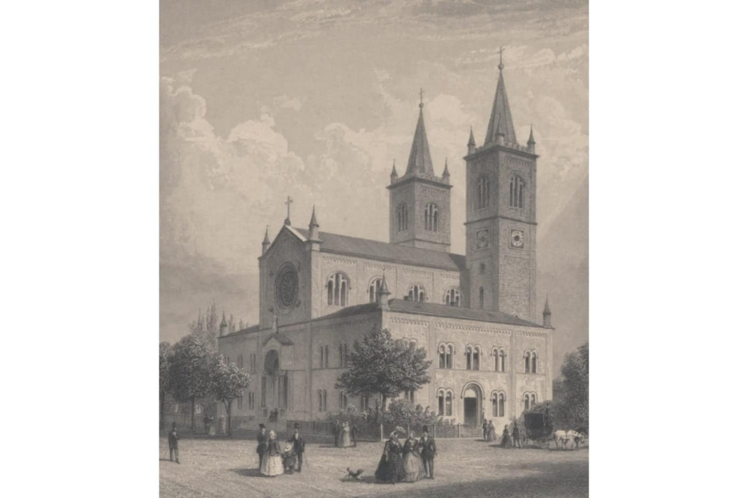 Die Kirche im Jahr 1856. Abbildung gemeinfrei, Quelle: https://commons.wikimedia.org/wiki/File:Dresden_catholic_church_franziskus-xaverius_-_d.jpg