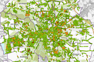 Karte mit den Leipziger Stadtbäumen (grün), den gefällten (rot) und zur Fällung vorgesehenen Bäumen (orange). Karte: Stadt Leipzig, Screenshot: LZ