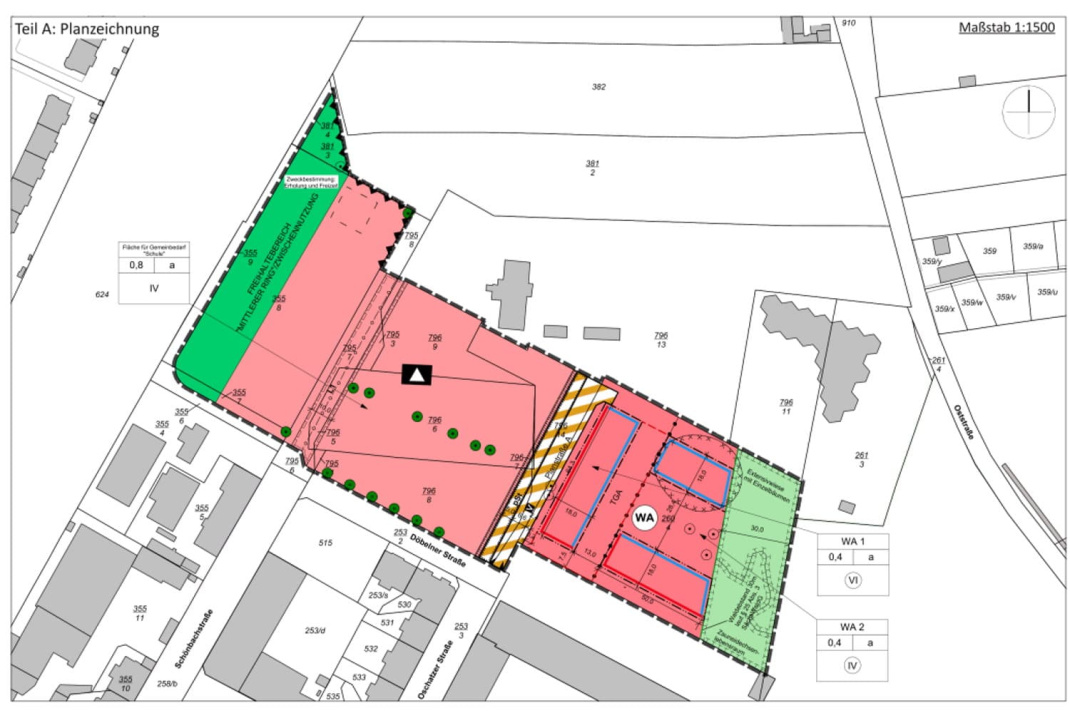 Standort Döbelner Straße: Der östliche Teil (WA) soll eine Wohnanlage werden, der westliche Teil Schulstandort. Karte: Stadt Leipzig