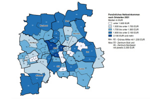 Die verschiedenen Durchschnittsnettoeinkommen in den Leipziger Ortsteilen. Grafik: Stadt Leipzig, Bürgerumfrage 2021