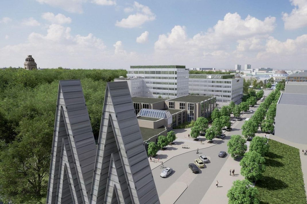 Blick vom Doppel-M an der Prager Straße zum neuen „BioSquare“. Visualisierung: Vestico