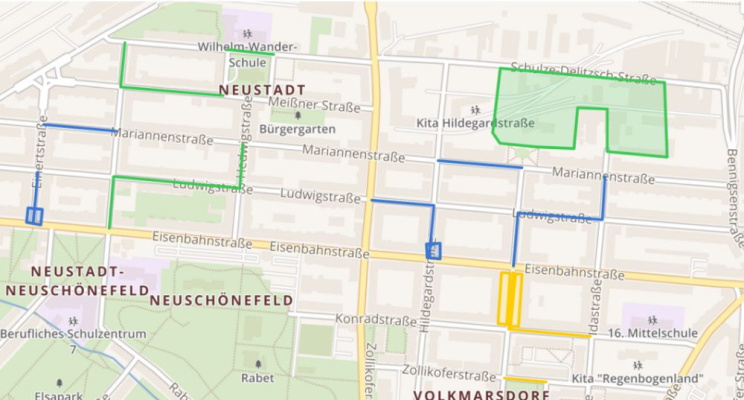 Vision: Potentielle Standorte für langfristige Verkehrsversuche durch Leipziger Superblocks Module in Volkmarsdorf / Neustadt-Neuschönefeld. Grafik: Superblocks Leipzig e.V.