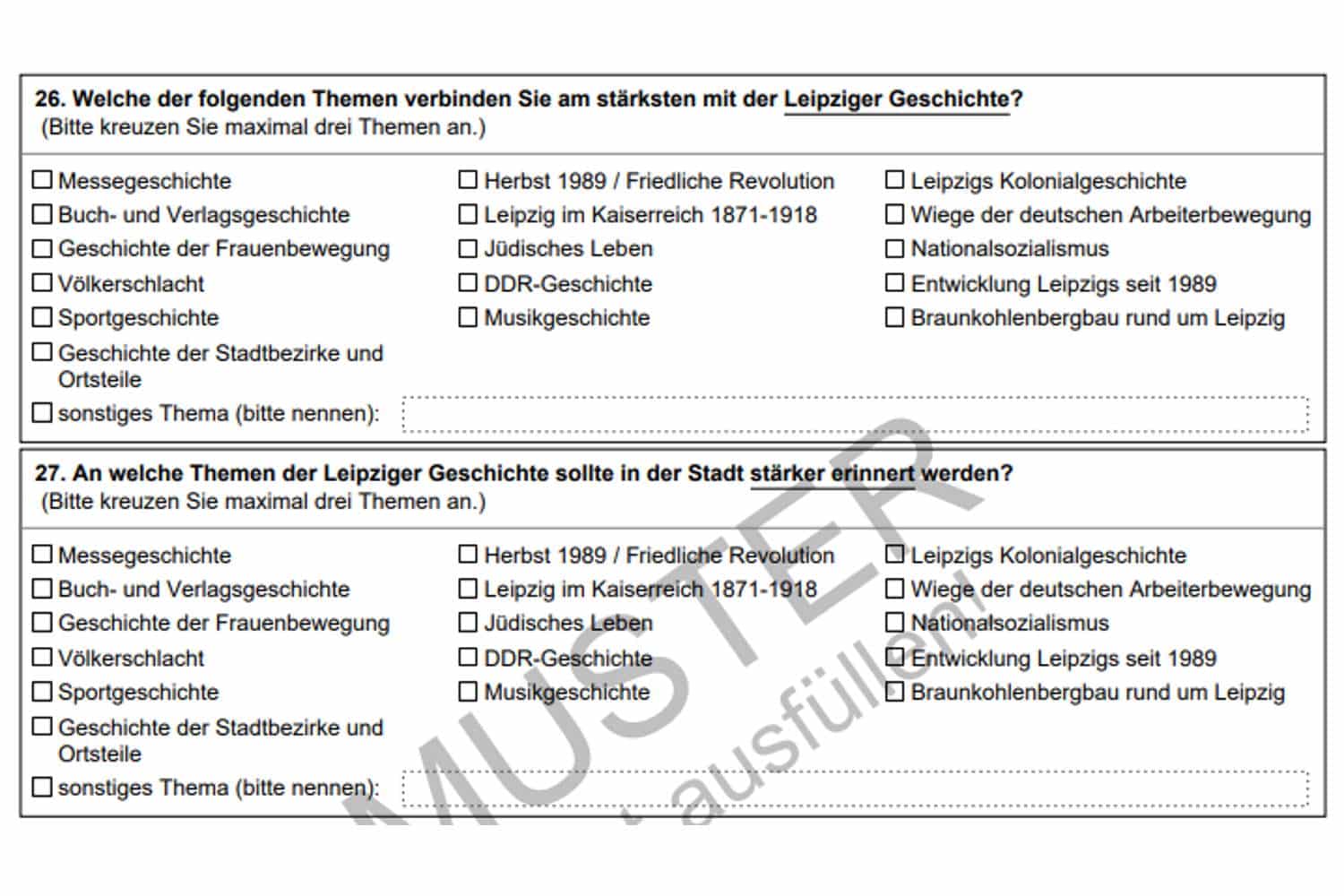 Der Fragebogenabschnitt zur Stadtgeschichte. Grafik: Stadt Leipzig, Bürgerfumfrage 2021