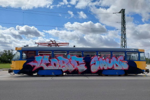 Mit Graffiti verzierte Straßenbahn. Foto: Sabine Eicker