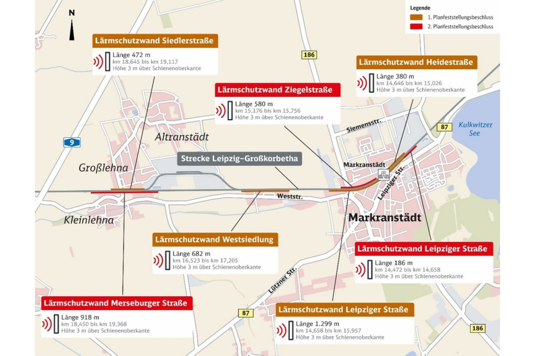 Die geplanten Lärmschutzmaßnahmen in Markranstädt und Großlehna. Grafik: Deutsche Bahn