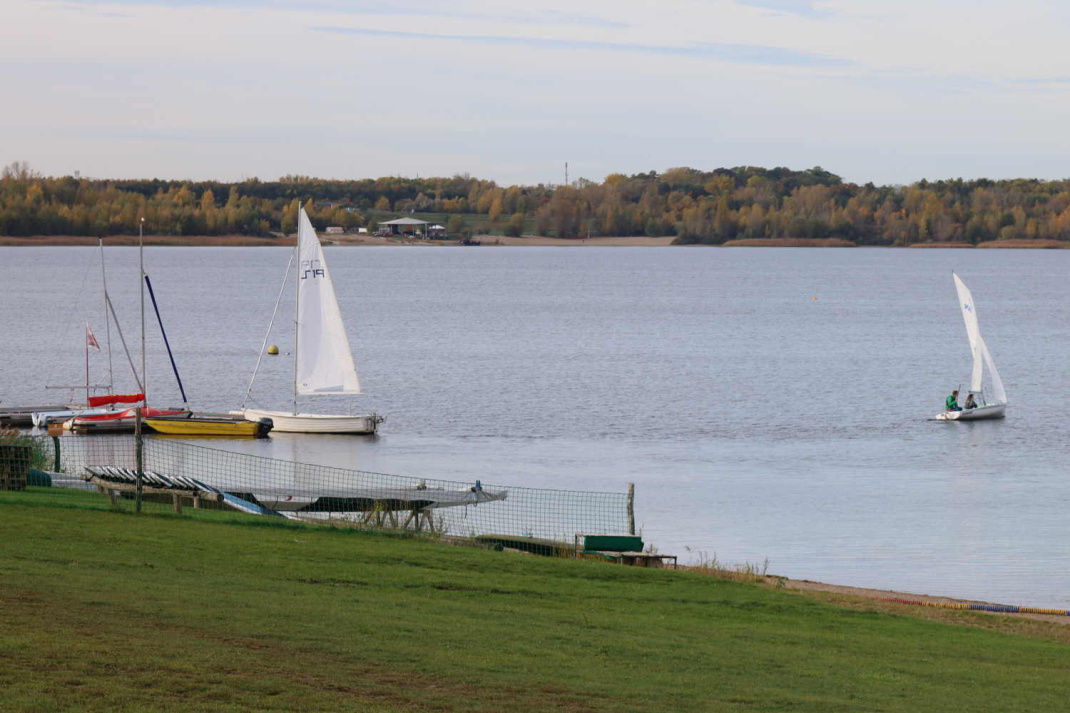Segler auf dem Schladitzer See - im Hintergrund der Biedermeierstrand. Foto: Ralf Julke