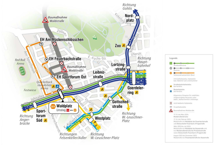 Die Umleitungen um die Baustelle Waldstraße. Karte: Leipziger Gruppe