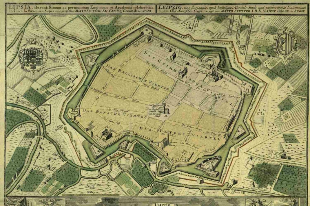 Historische Karte des Leipziger Stadtgebiets. Darauf zu sehen sind die heutige Innenstadt, Befestigungsanlagen und das Umland in der Zeit um 1725.